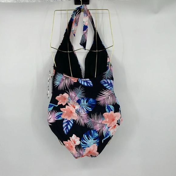 DKNY One Piece Swimsuit Women Size XL Black Pink Floral Halter Tie Neck Swimwear - Picture 7 of 10